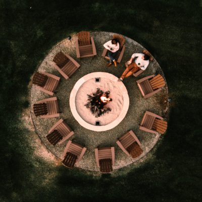 Positive Travel 12 +principles represented by two people and twelve chairs around a fire